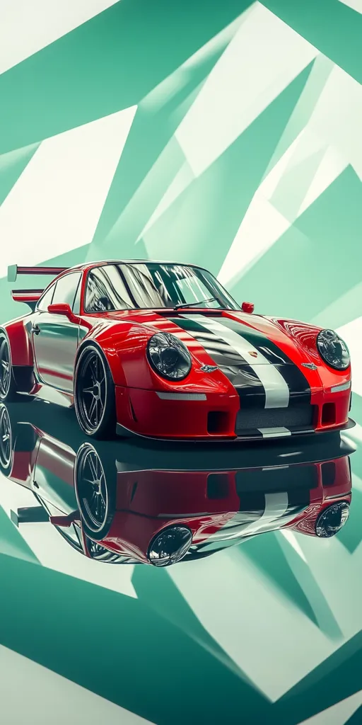 A red sports car with black and white racing stripes is parked on a reflective surface. The car's front end is facing the camera, and its reflection can be seen below. The background is a geometric pattern of white and green.  The car appears to be a classic Porsche model.  The image is taken from a low angle.
