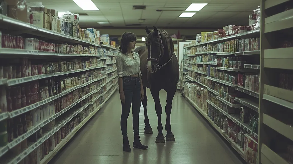 A young woman wearing jeans and a light shirt stands in a grocery store aisle, gazing at a dark brown horse standing in the center of the aisle. The shelves are stocked with canned goods and other grocery items. The scene is lit by fluorescent lights, giving the image a surreal and slightly unsettling feel.  The horse is a stark contrast to the sterile environment of the grocery store, creating a sense of surprise and disorientation.
