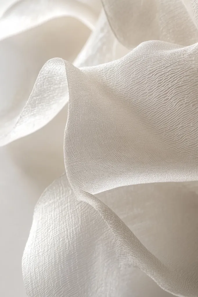 The image shows a close-up of a white, sheer fabric. The fabric is draped and folded, creating soft, flowing curves. The intricate weave of the fabric is visible, adding texture to the image. The overall effect is one of delicate beauty and ethereal elegance.