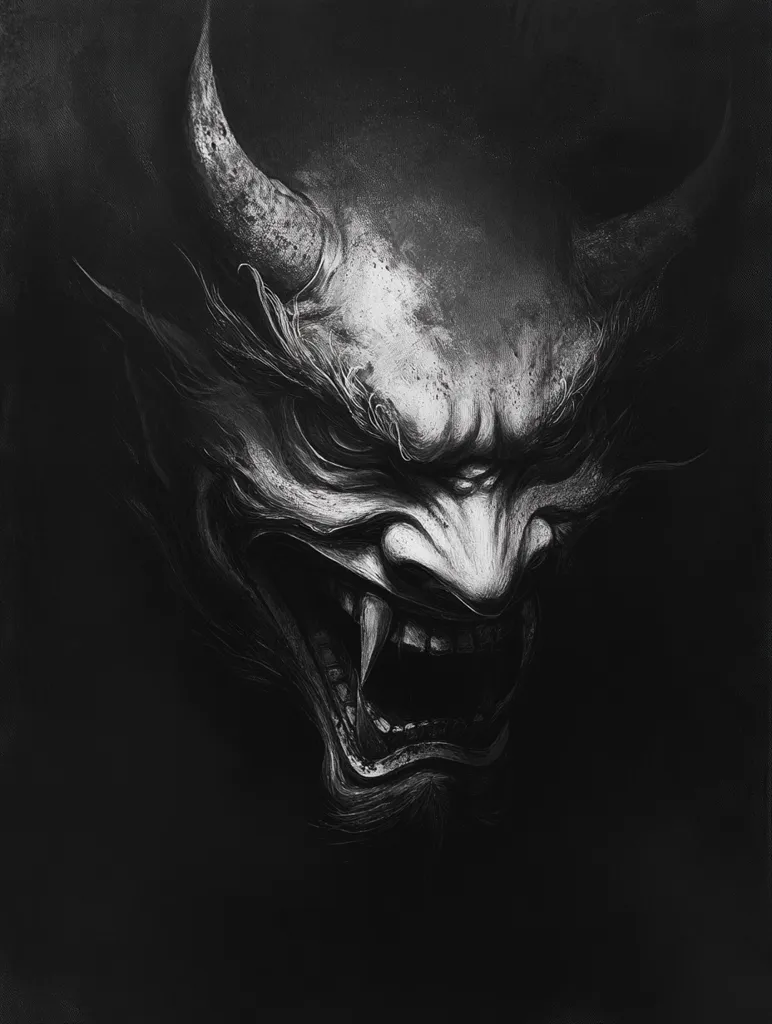 A demonic face with horns and a gaping maw, rendered in shades of grey, against a dark background. The face is contorted in a menacing expression, showcasing sharp teeth and a sinister gaze. The image evokes a sense of fear and the unknown. The charcoal-like texture adds a gritty, ominous feel.