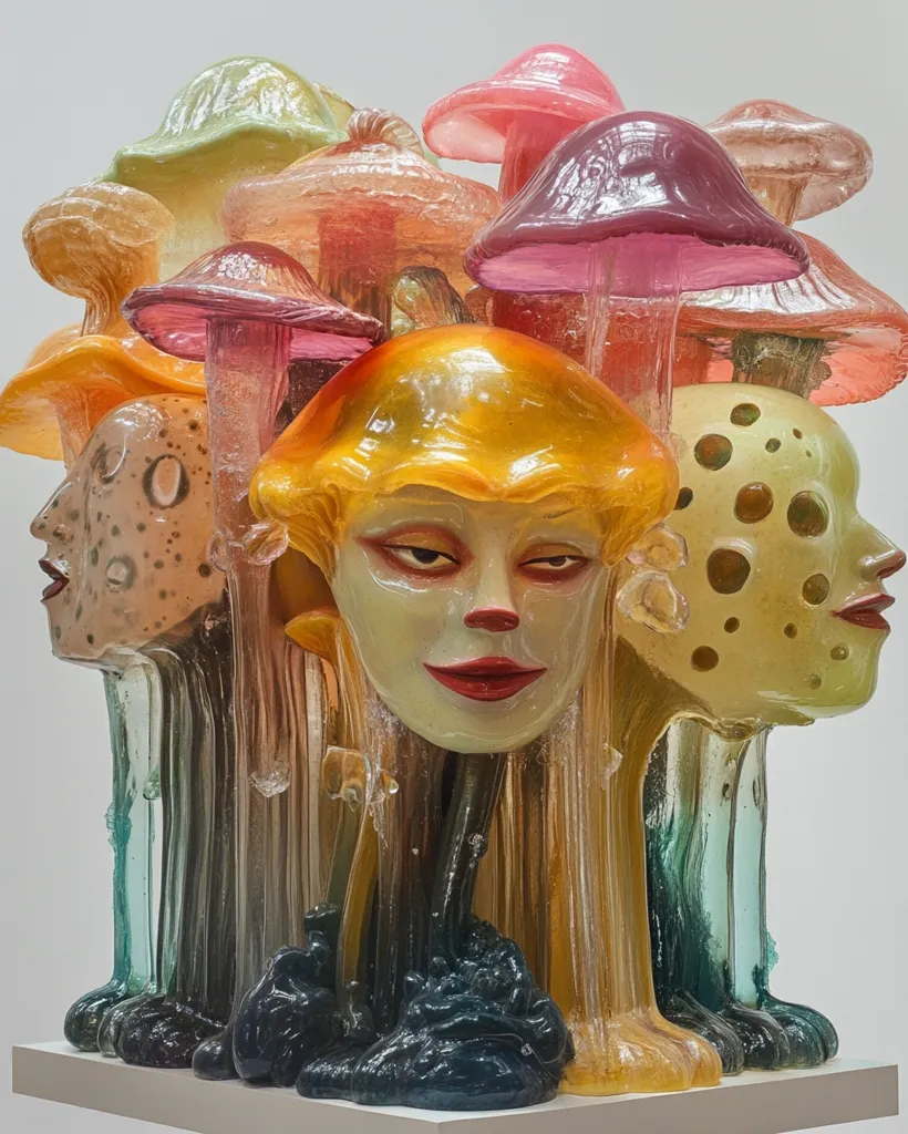 A colorful and whimsical sculpture of human faces and mushroom-like figures, all made from glass. The faces are delicately sculpted with soft features, while the mushrooms have a dripping, melting quality.  The colors are vibrant and eye-catching, creating a fantastical and surreal scene. The sculpture appears to be in a minimalist setting.