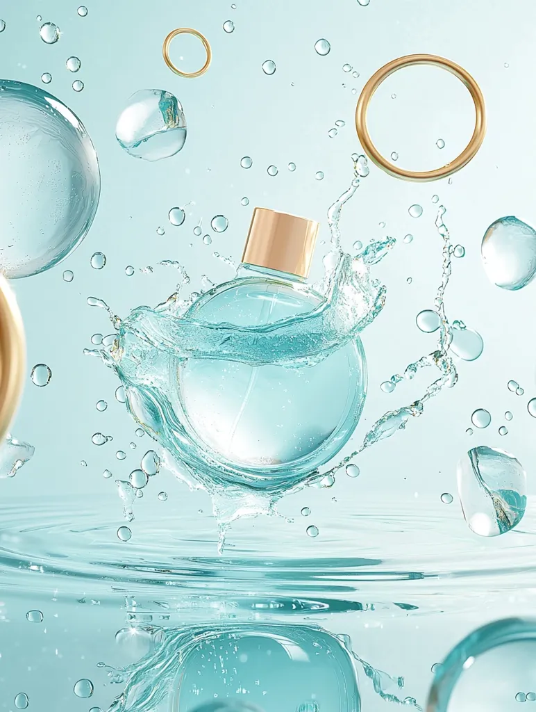 A bottle of perfume sits in a pool of water, surrounded by bubbles of various sizes. The perfume bottle is clear and has a gold cap. The water is a light blue color and the background is a soft blue. There are also a few gold rings scattered around. The image is clean and minimal, giving a sense of calm and serenity.