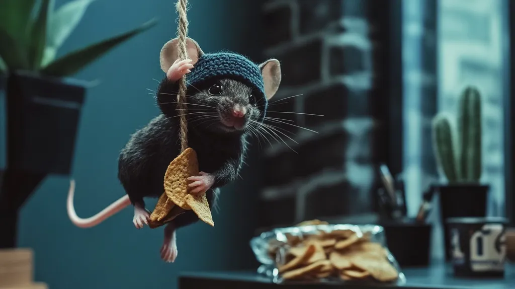 A black rat wearing a blue beanie is hanging from a rope while holding a bag of chips. The rat is smiling and seems happy. The background is blurred and shows a cactus and other household objects.  The scene is playful and whimsical.