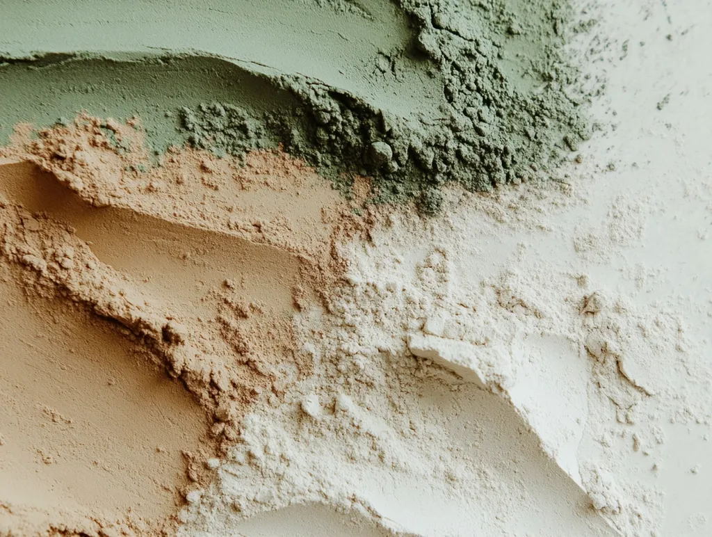 The image shows a close-up of three different colored powders: a deep green, a light brown, and a white. The powders are arranged in a way that resembles a landscape, with the green at the top, the brown in the middle, and the white at the bottom. The texture of the powders is rough and granular, with a slightly powdery feel. The colors are muted and natural, creating a calming and earthy aesthetic. The image is taken from a slightly angled perspective, which gives the powders a sense of depth and dimension.