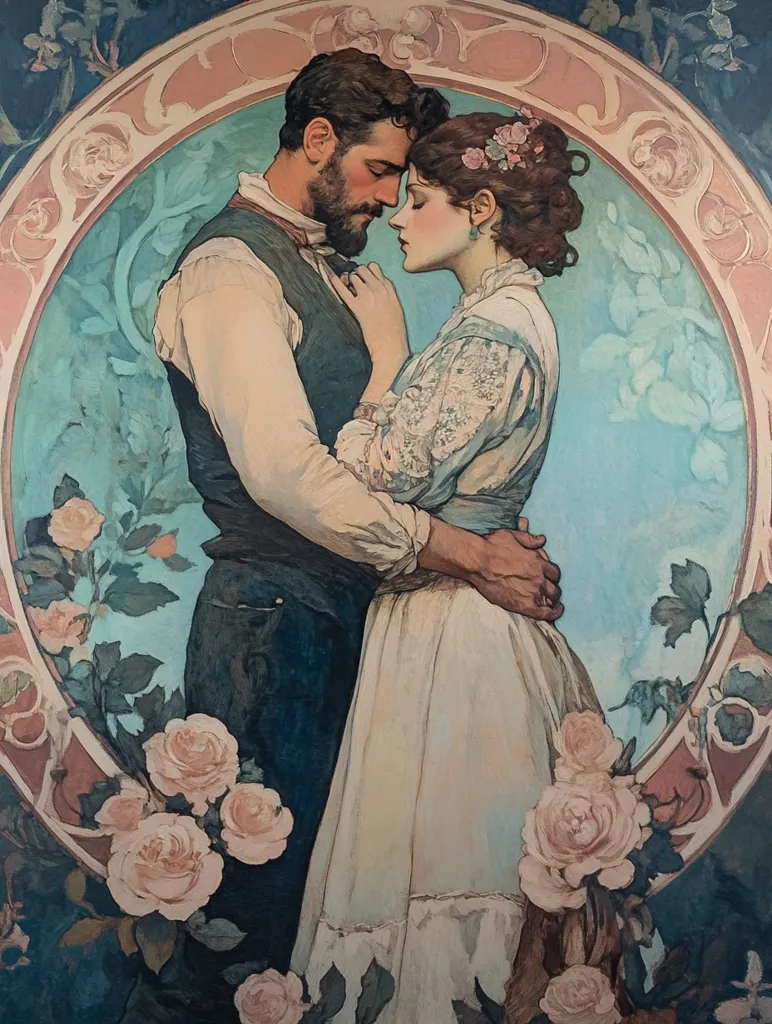 A man and a woman stand close, their foreheads touching, in an embrace, in a painting framed by a circular, ornate, design filled with roses and leaves.  The woman is in a white dress with a delicate lace overlay, her hair is styled in a bun with flowers.  The man is wearing a white button up shirt and a vest, with a beard and a serious expression.  They appear to be lost in their love for each other.