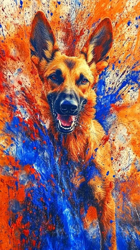 A German Shepherd dog is the focus of the image. It is depicted in a vibrant, abstract style, with splashes of blue and orange paint creating a dynamic and energetic background. The dog's fur blends seamlessly with the surrounding colours, making it appear almost three-dimensional. The sharp focus on the dog's face emphasizes its alertness and intelligence. The overall effect is one of movement and energy, capturing the spirit of a loyal and powerful canine.