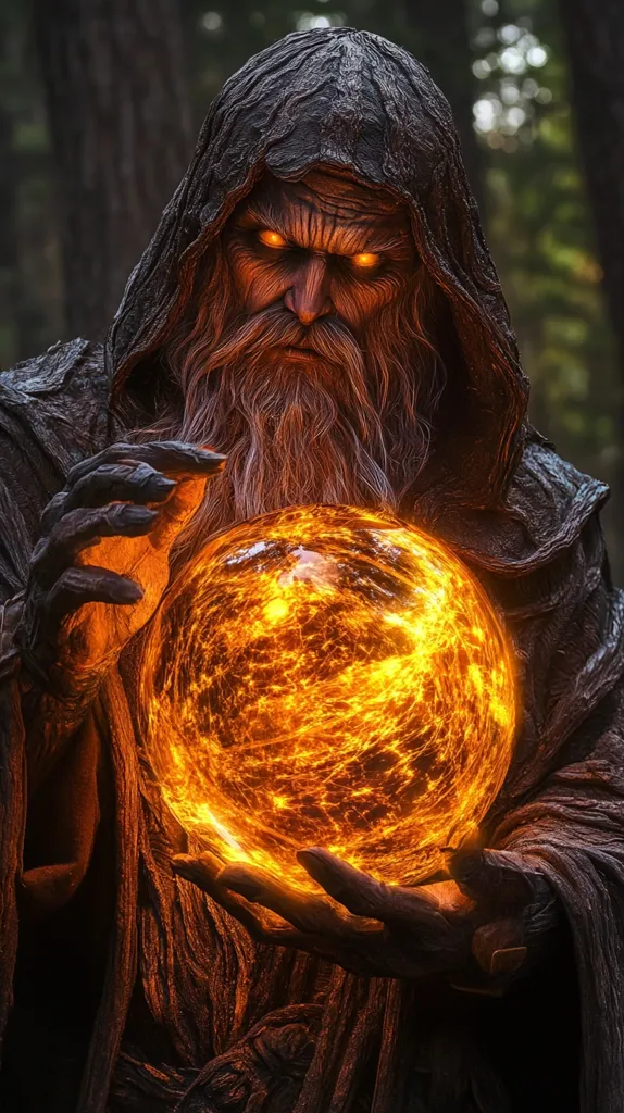 The image shows a cloaked figure with a long beard and glowing eyes holding a sphere of fiery energy. The figure is standing in a dark forest, and the light from the sphere illuminates the surrounding area. The figure's expression is serious and intense, suggesting that they are powerful and dangerous.  The image is likely inspired by fantasy or mythology, and it conveys a sense of mystery and danger.