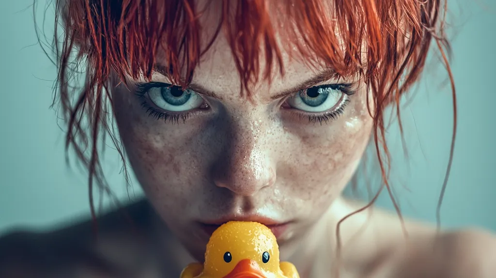 A young woman with red hair and freckles stares intently at the camera.  She has a serious expression, her blue eyes are wide and her lips are pursed.  Her skin is wet, possibly from a shower or bath, and her hair is damp. A yellow rubber duck sits in front of her mouth.  The background is a muted teal.  The image has a moody and introspective tone.