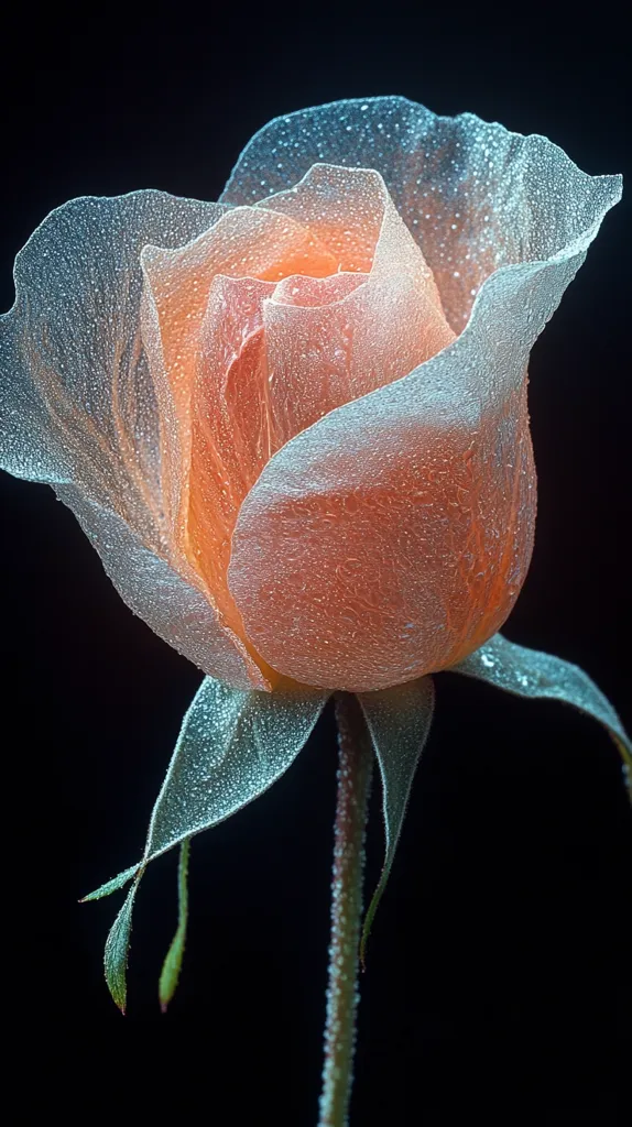 A delicate rose bud with soft, peach-colored petals is covered in tiny water droplets, creating a shimmering effect. The rose is isolated against a black background, highlighting its beauty and fragility. The stem and leaves are also adorned with glistening droplets, adding to the overall impression of dew-kissed elegance.