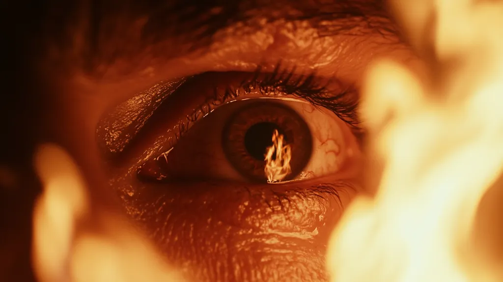 A close-up of an eye, the iris reflecting a fiery orange glow. The image is blurred and hazy, suggesting intense heat or a dreamlike state. The overall tone is eerie and otherworldly.