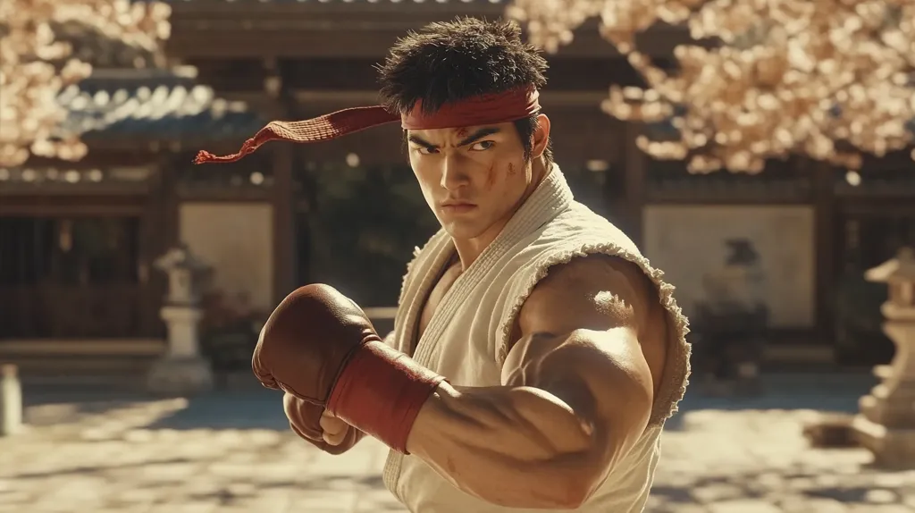 A man wearing a white gi and red headband, with a determined look on his face, is throwing a punch. He is standing in front of a traditional Japanese building, with a blurred background of a tree with pink blossoms. His muscles are tense, and his hand is covered in a brown leather glove. The image conveys a sense of power and focus, reminiscent of martial arts.