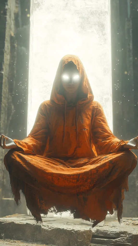 A cloaked figure with glowing white eyes sits in a meditative pose before a bright, white doorway. The figure is wearing a long, orange robe with a tattered hem, and the doorway is framed by dark, rough stone. The figure's eyes are the only source of light in the image, creating a sense of mystery and power.  The overall tone of the image is ethereal and otherworldly.