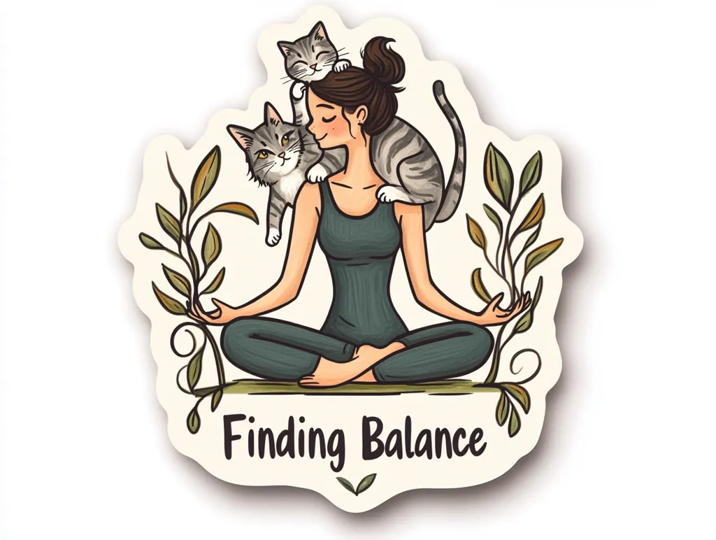 The image depicts a woman sitting in a yoga pose with two cats. One cat is sitting on her shoulder while the other is nestled in her lap. The woman has a serene expression and is surrounded by green foliage. The words "Finding Balance" are written at the bottom of the image. The image is a whimsical illustration that suggests finding inner peace through mindfulness and connection with nature and animals.