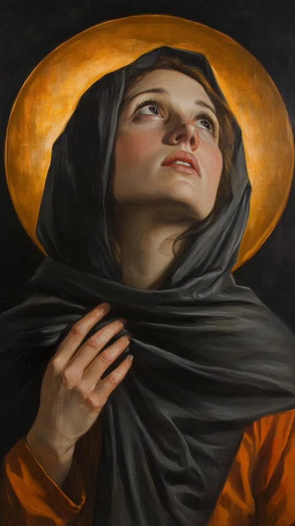 The painting depicts a woman with dark hair and a pale complexion, her head tilted back slightly, her eyes closed. She is draped in a dark grey fabric, almost completely obscuring her face. A large halo of golden light surrounds her head, casting a warm glow. She appears to be in prayer or contemplation, her expression serene. The painting creates a sense of mystery and devotion.