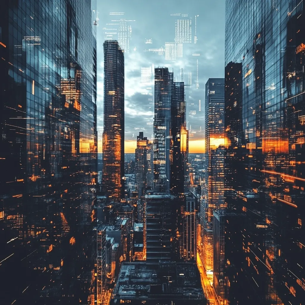 The image showcases a bustling cityscape at dusk, with towering skyscrapers reflecting the warm glow of the setting sun. The buildings' glass facades create a mesmerizing interplay of light and shadow, while a digital overlay adds an abstract and futuristic touch. The overall scene exudes a sense of urban dynamism and technological advancement.