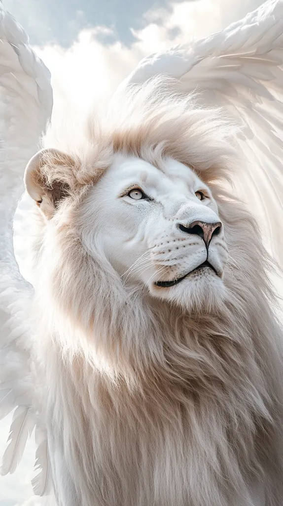 A majestic white lion with a soft, fluffy mane looks upwards, its piercing blue eyes staring into the distance.  The lion is adorned with large, feathery white wings, creating an ethereal and almost otherworldly image. The background is a soft blur of white and blue, suggesting a sky or clouds. The overall impression is one of power, grace, and serenity.