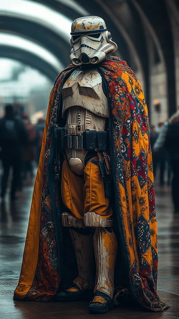 A weathered Stormtrooper stands in a grand hall, draped in a luxurious, ornate robe. The intricate patterns of the robe contrast sharply with the stark white and black armor, creating a striking visual. The soldier's helmet is partially obscured by the robe, adding a touch of mystery to the scene. The backdrop of the image suggests a grand and ancient setting, hinting at a story of power and conflict. The interplay of light and shadow adds depth and texture to the image, enhancing its visual appeal.