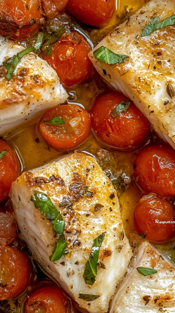 A close-up of a dish of pan-seared fish and cherry tomatoes. The fish is cooked to a golden brown, and the tomatoes are roasted and slightly caramelized. The dish is garnished with fresh basil leaves. The entire dish is glistening with a flavorful sauce.  It's a simple but delicious-looking meal.