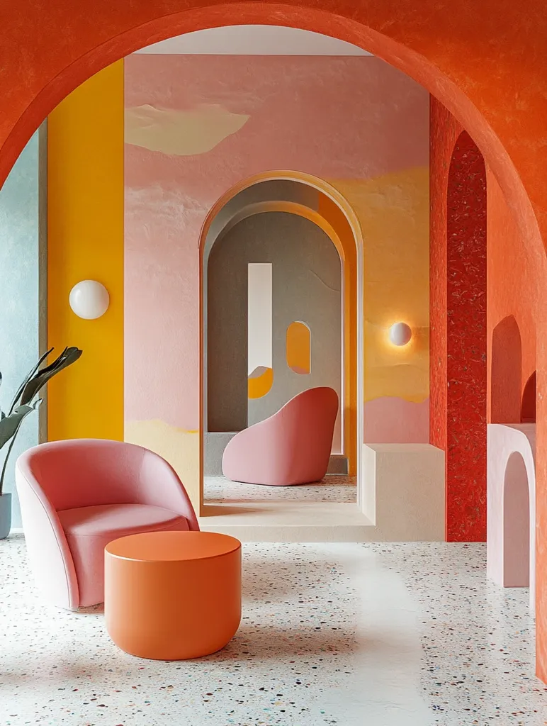 A brightly colored room features a pink armchair and orange side table, both situated beneath a large archway. The walls are painted in a variety of pastel hues, including pink, yellow, and blue, and the floor is covered in a speckled terrazzo tile.  Additional arched doorways lead into a hallway with a similar color scheme. The overall aesthetic is whimsical and modern.