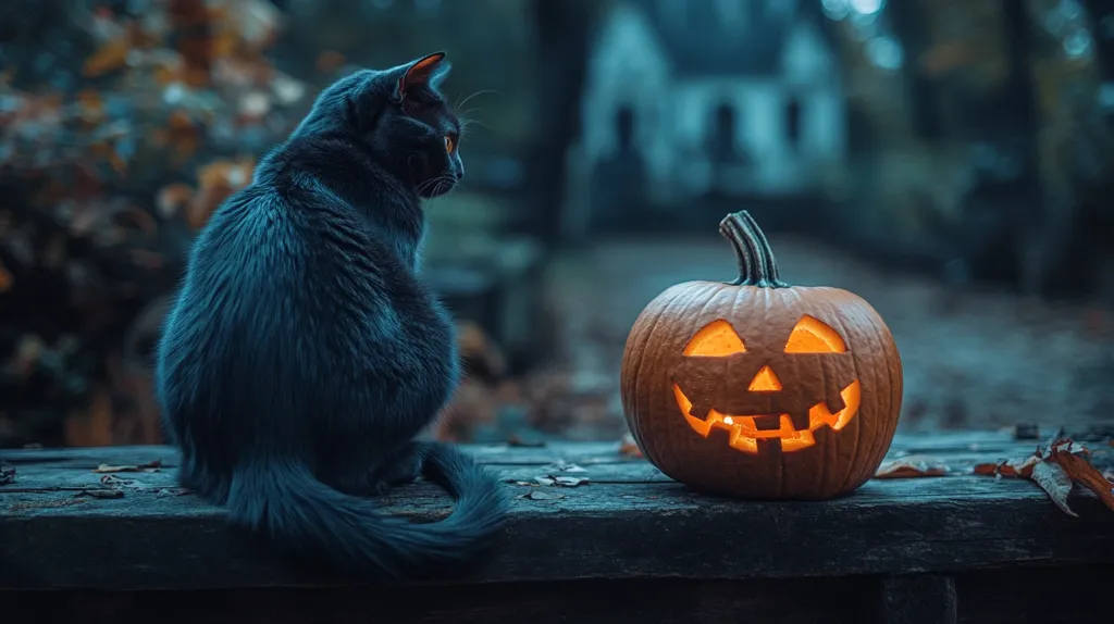 A black cat sits on a wooden surface, its tail curled around its body. The cat is looking to the right, where a glowing jack-o'-lantern sits with a carved, smiling face. The scene is set in a dimly lit, autumnal environment, suggesting a Halloween setting.  The cat and the jack-o'-lantern are the focal points of the image, creating a sense of mystery and intrigue.