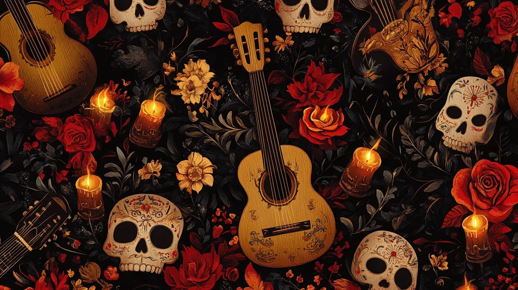 A dark and moody Día de Muertos (Day of the Dead) themed illustration with a  pattern of sugar skulls, guitars, candles, and red roses on a black background. The imagery is set in a vibrant and festive atmosphere, celebrating the annual Mexican holiday honoring deceased loved ones.