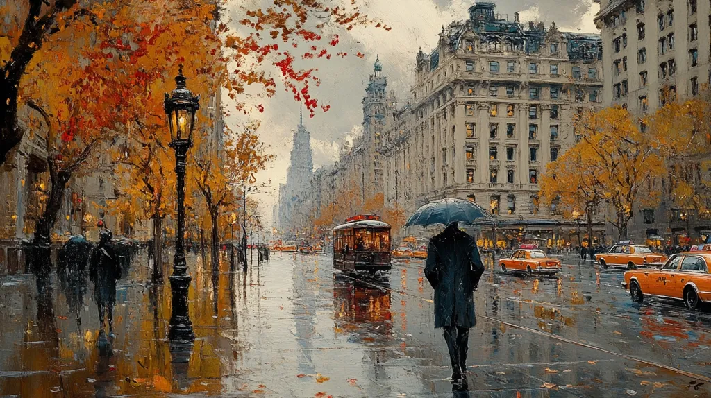 A painting of a rainy city street scene. The street is lined with tall buildings, trees with yellow leaves, and a streetcar in the distance. A lone figure walks down the street, holding an umbrella. The street is wet and glistening with rain. The scene is painted in a realistic style, with muted colors and soft lighting. The painting evokes a sense of peace and tranquility.