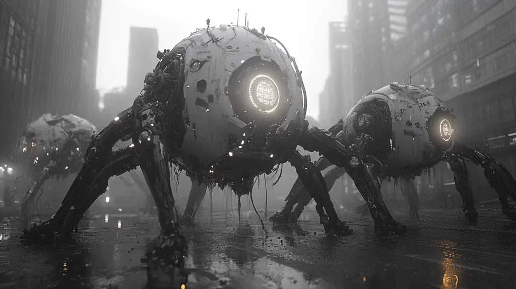 The image depicts a group of robotic spiders walking through a deserted city. The spiders are large and imposing, with multiple legs and a spherical body. The image is rendered in black and white, giving it a gritty, dystopian feel. The city is shrouded in fog and mist, creating a sense of mystery and intrigue. The robots seem to be exploring the city, possibly in search of something.  The image is suggestive of a future world where robots are commonplace and may be used for a range of purposes.