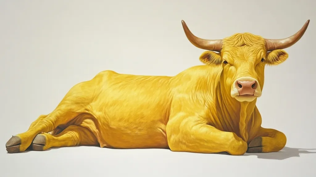 The image depicts a bright yellow cow lying down on a white background. The cow's fur is smooth and glossy, and its horns are long and pointed. It has a pink nose and large brown eyes, giving it an almost human-like expression. The cow's body is relaxed and its legs are stretched out, creating a sense of calm and serenity. The contrasting colors of the cow and background create a striking visual.