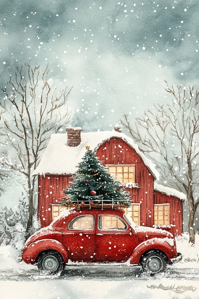 A red vintage car is parked in front of a snow-covered house, with a large Christmas tree strapped to its roof. The scene is painted in a watercolor style, with delicate snowflakes falling from the sky. The house has warm, glowing windows, suggesting a cozy interior.  A wintery atmosphere is conveyed through the snow-covered landscape and the bare branches of trees.