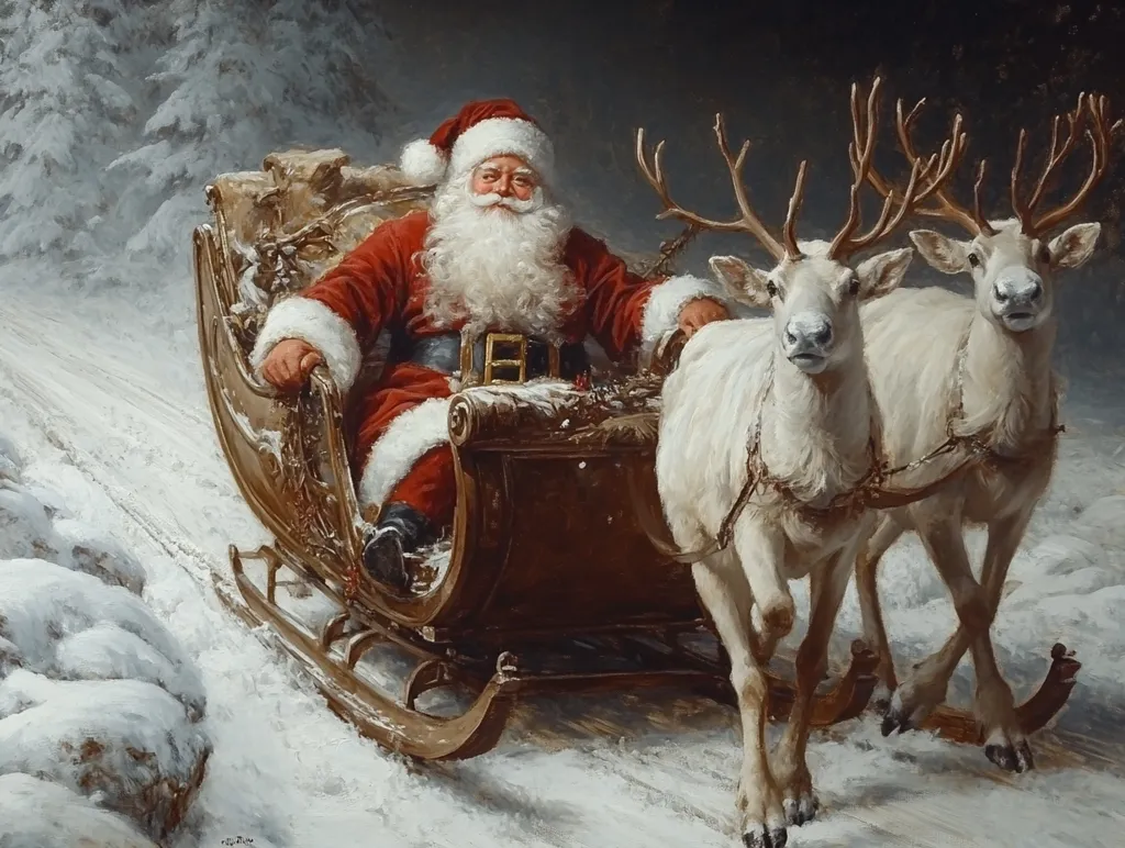 Santa Claus, dressed in his traditional red suit and white beard, sits in a sleigh pulled by two white reindeer. The sleigh is adorned with gold accents and a red velvet lining.  The reindeer are harnessed with leather straps and pull the sleigh across a snowy landscape. The scene is painted in a realistic style, with attention to detail in the fur, snow, and shadows.  The painting evokes the magic and wonder of the holiday season.
