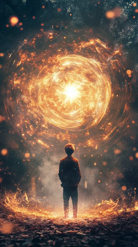 A lone figure stands in a dark forest, gazing up at a swirling orb of fire and light. The orb hangs high in the sky, casting a warm glow on the surrounding trees and the ground. The figure appears small in the vastness of the scene, creating a sense of awe and wonder. The image suggests a mystical or otherworldly experience, hinting at the power and beauty of the unknown.