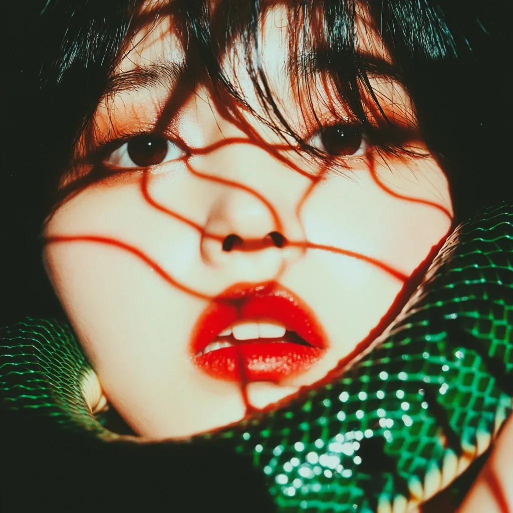 A close-up portrait of a young woman with dark hair and bright red lipstick, captured with a green snake wrapped around her neck. The light casts a shadow pattern on her face, creating a striking contrast against her pale skin.  The image evokes a sense of mystery and allure.