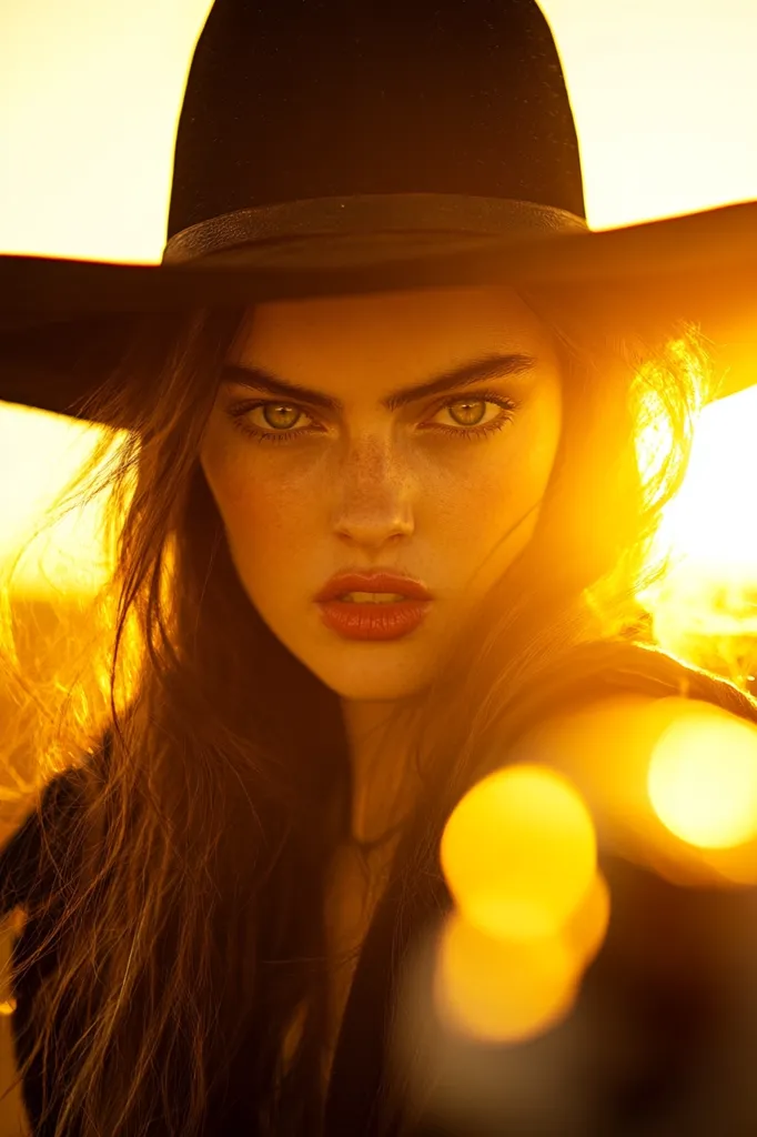A young woman with long brown hair wears a black cowboy hat and stares intensely at the camera. Her face is illuminated by the golden light of the setting sun, which also casts a warm glow on her surroundings. The background is blurred and out of focus, drawing attention to her piercing gaze. Her lips are painted a bold red, adding to her confident and alluring expression. The image evokes a sense of mystery and intrigue, hinting at a story waiting to be told.