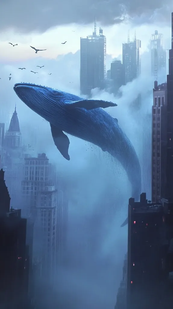 A giant blue whale swims through a misty cityscape. The whale is in the foreground, its body partially obscured by the fog. Tall buildings, shrouded in mist, line the horizon. A few birds fly overhead. The scene is surreal and dreamlike, suggesting a fantastical world where nature and city life coexist.