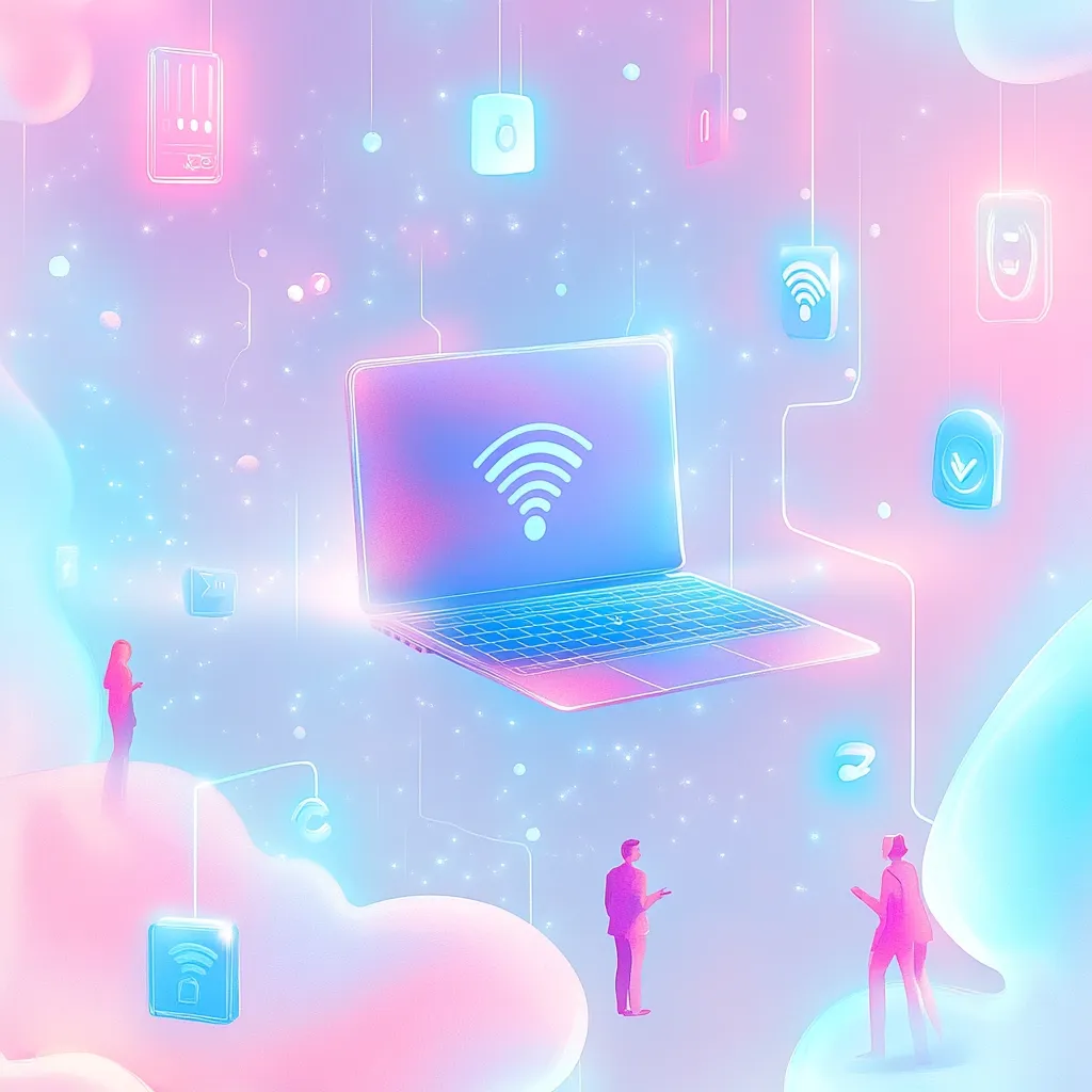 A pastel-colored illustration depicting a glowing laptop, a wifi symbol, and three figures. The figures are small and seem to be interacting with the glowing laptop, which is floating in a dreamy cloud-like landscape. The image evokes a sense of digital connectivity and a futuristic aesthetic.