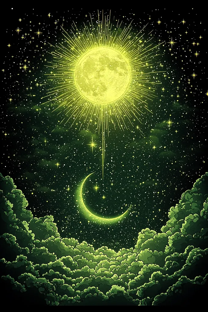 The image depicts a celestial scene with a bright, radiant moon surrounded by a halo of light, radiating yellow rays against a backdrop of a dark, star-filled night sky. The moon is set high in the sky, casting a soft glow on the clouds below. A crescent moon is positioned lower in the frame, adding to the magical atmosphere. The entire scene is rendered in a vibrant green color palette, giving it a mystical and ethereal feel.
