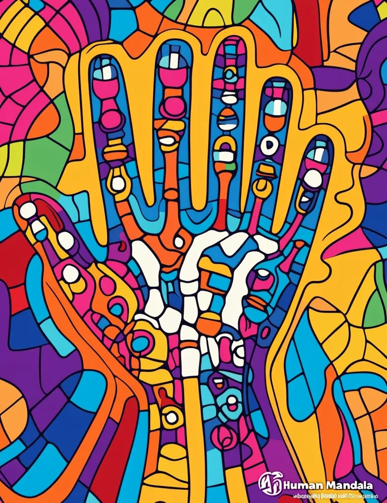 The image depicts a hand, drawn in a vibrant, colorful style, resembling a stained glass window. The hand is made up of multiple interlocking shapes and forms, all in bright, saturated colors, creating a visually captivating and complex pattern. The intricate detail and bold color choices highlight the hand's form, while the overall aesthetic evokes a sense of intricate beauty and artistic expression.  The image is a captivating blend of geometry and vibrant colors, creating a powerful visual representation of human form and connection.