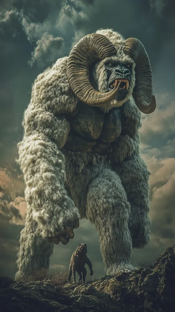 A large, furry, ram-like creature with a gorilla face stands on rocky terrain with a smaller, dark-furred animal looking up at it. The creature's fur is thick and white, and it has large, curved horns. The background is cloudy and dark. The creature's expression is fierce, with its mouth open and teeth bared. The image suggests a clash between two different creatures.
