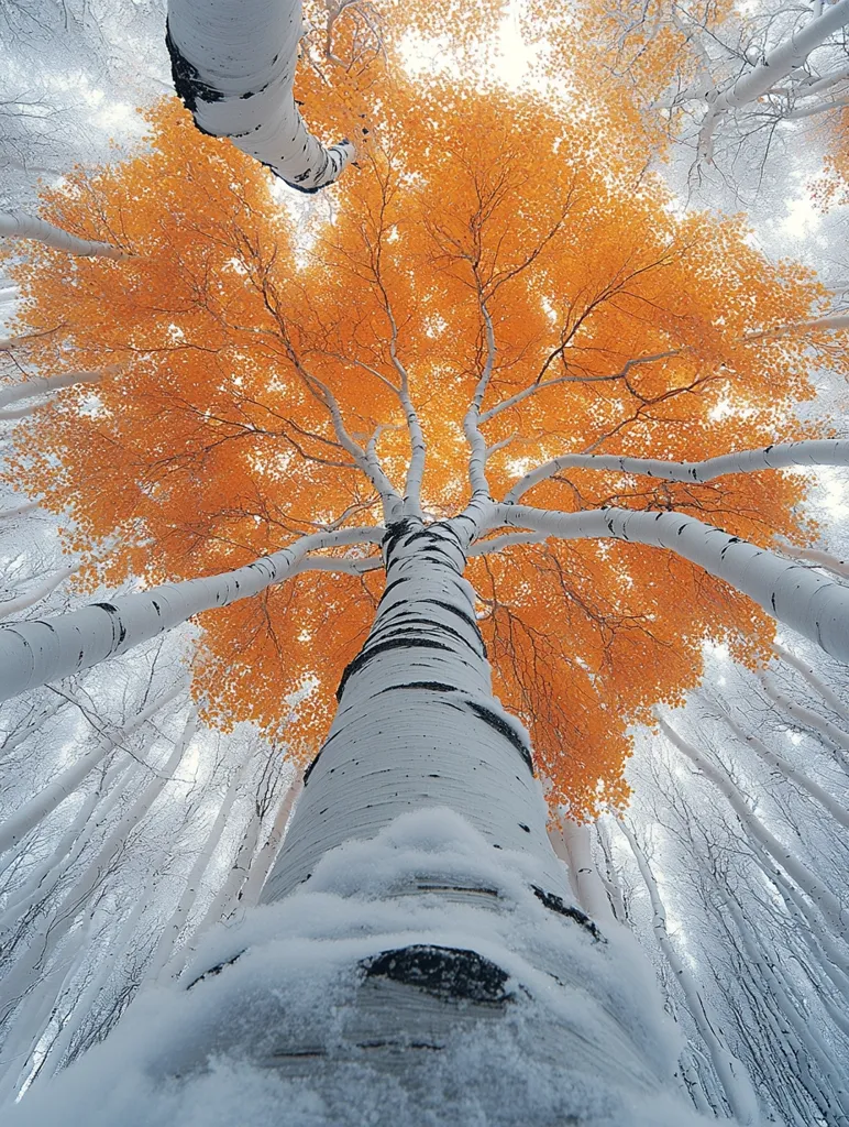 A low angle shot of a snow covered birch forest with one tree in the center displaying bright orange autumn leaves. The other trees are bare and white from snow. The branches create an almost circular canopy over the viewer.  The bright orange leaves against the white snow create a strong contrast.