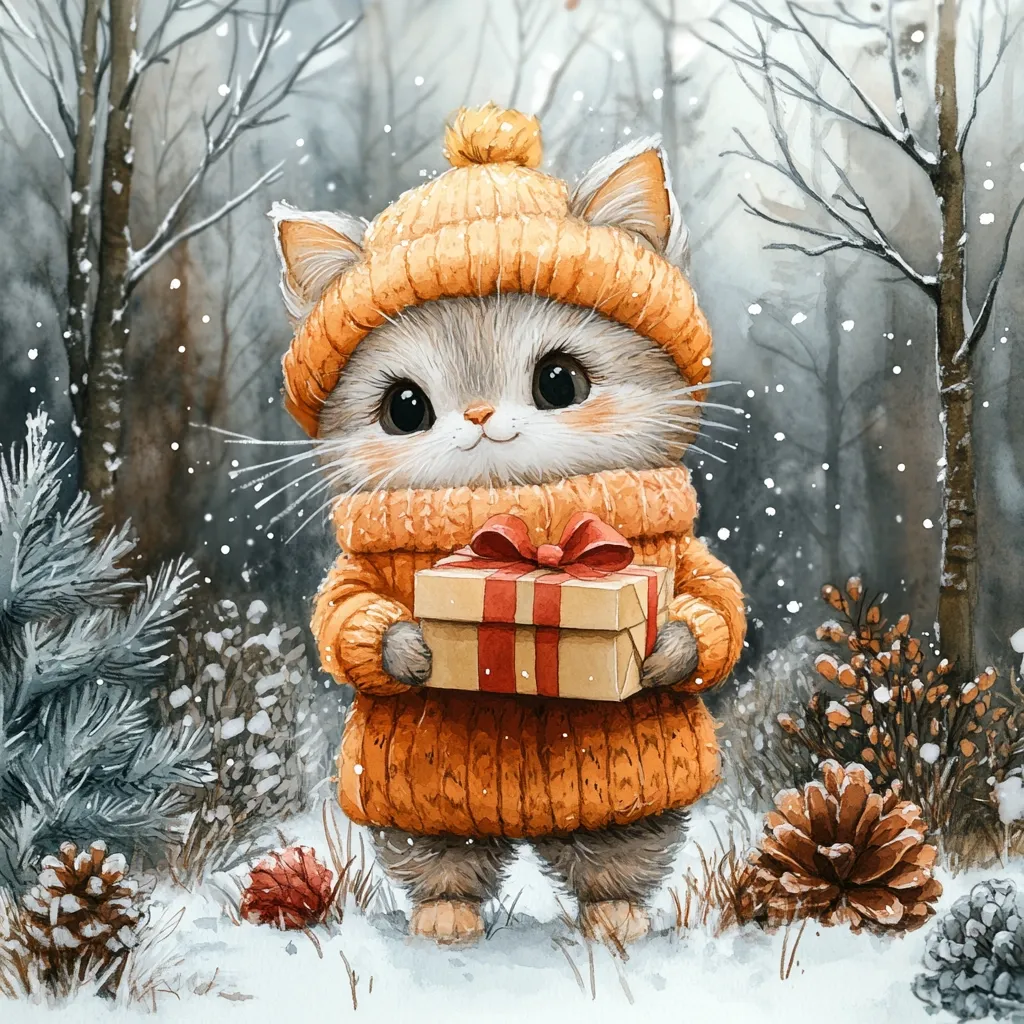 A cute, cartoon cat wearing a bright orange knitted hat and sweater stands in a snowy forest, holding a gift wrapped in brown paper with a red ribbon. The cat has big, innocent eyes and a sweet smile. Snowflakes fall gently from the sky, adding to the wintery atmosphere.