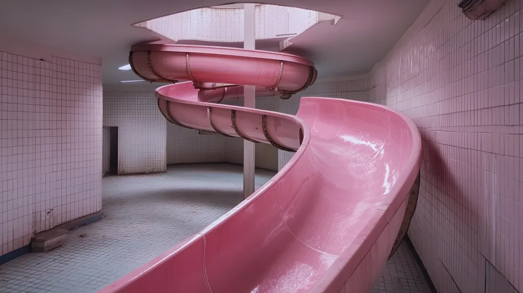 A pink water slide curves through a tiled room, its smooth surface reflecting the light. The room's white walls and tiled floor create a stark contrast to the slide's vibrant color. The slide appears abandoned, with no visible signs of life. The image has a sense of loneliness and nostalgia.