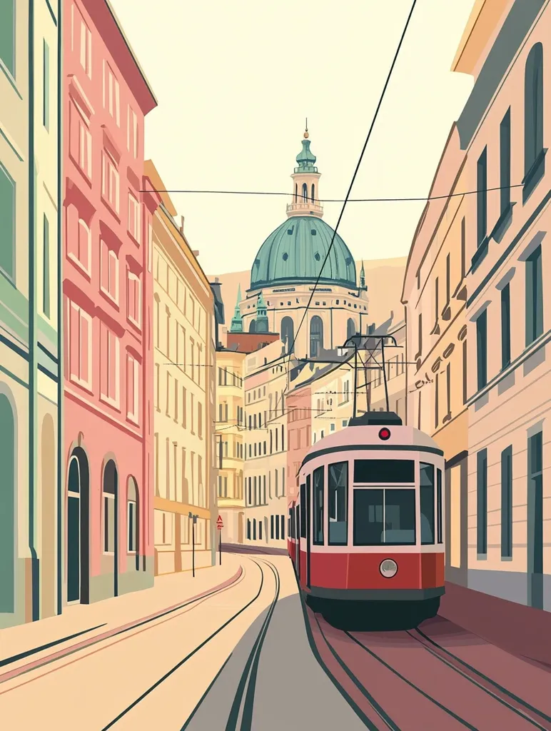 The image depicts a European city scene. A red tram travels down a street lined with tall buildings. The buildings are painted in warm tones of pink and yellow, creating a picturesque backdrop. In the distance, a large, domed church stands tall, adding a touch of grandeur to the scene. The scene is rendered in a cartoon style with clean lines and vibrant colors, giving it a whimsical and nostalgic feel.