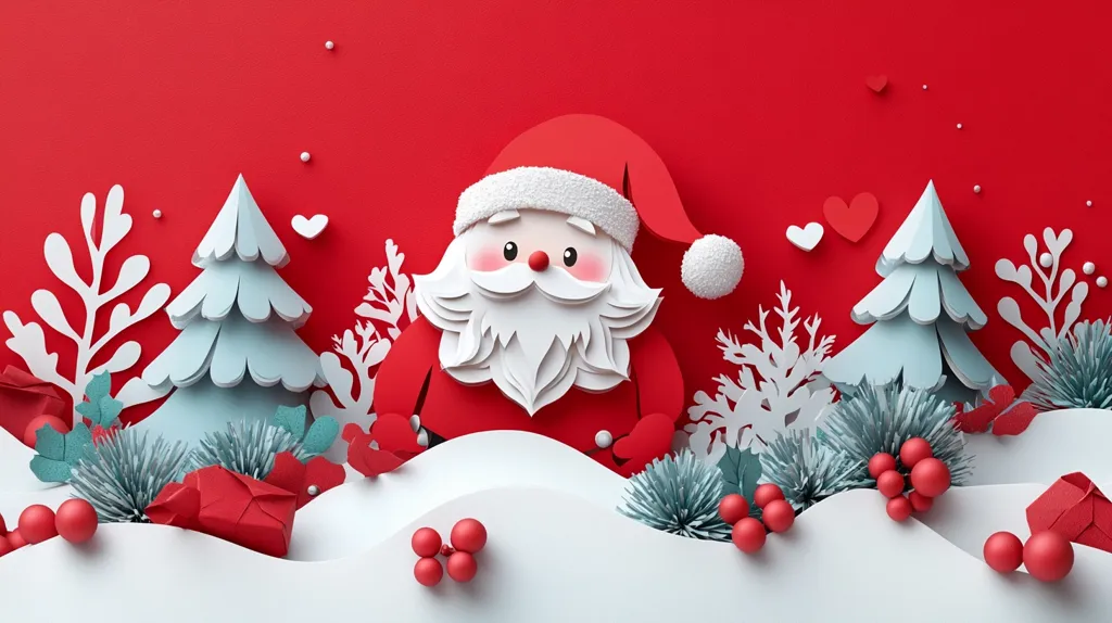 A paper-cut style Christmas scene with a friendly Santa Claus in the center. He is surrounded by white paper-cut trees, snowflakes and red ornaments, all set against a bright red background. The image has a festive and cheerful feel, with the simplicity of the paper-cut design adding to its charm.