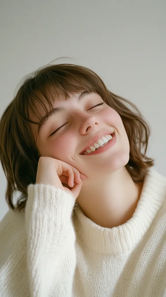 A young woman with brown hair is wearing a white sweater. She has her eyes closed and is smiling with her head tilted back. Her hand is resting on her cheek. The background is a light, off-white color. The image evokes a sense of joy and relaxation.