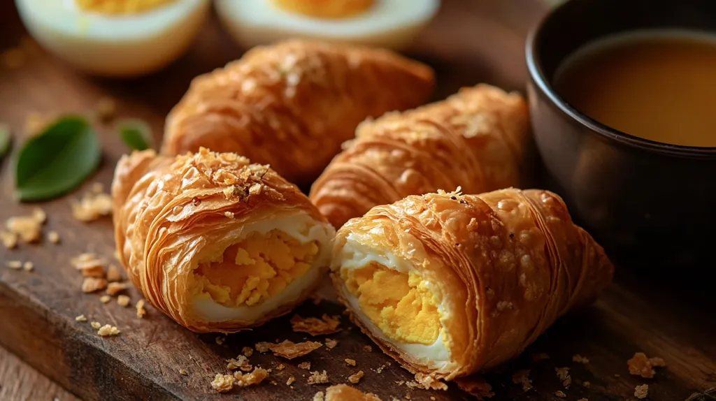 A close-up shot of four flaky pastries filled with egg yolk and white. The pastries are arranged on a wooden board, with a cup of tea and two boiled eggs in the background. The pastry is golden brown and slightly crispy, with a hint of crunch. The egg yolk is vibrant yellow, and the white is soft and creamy.
