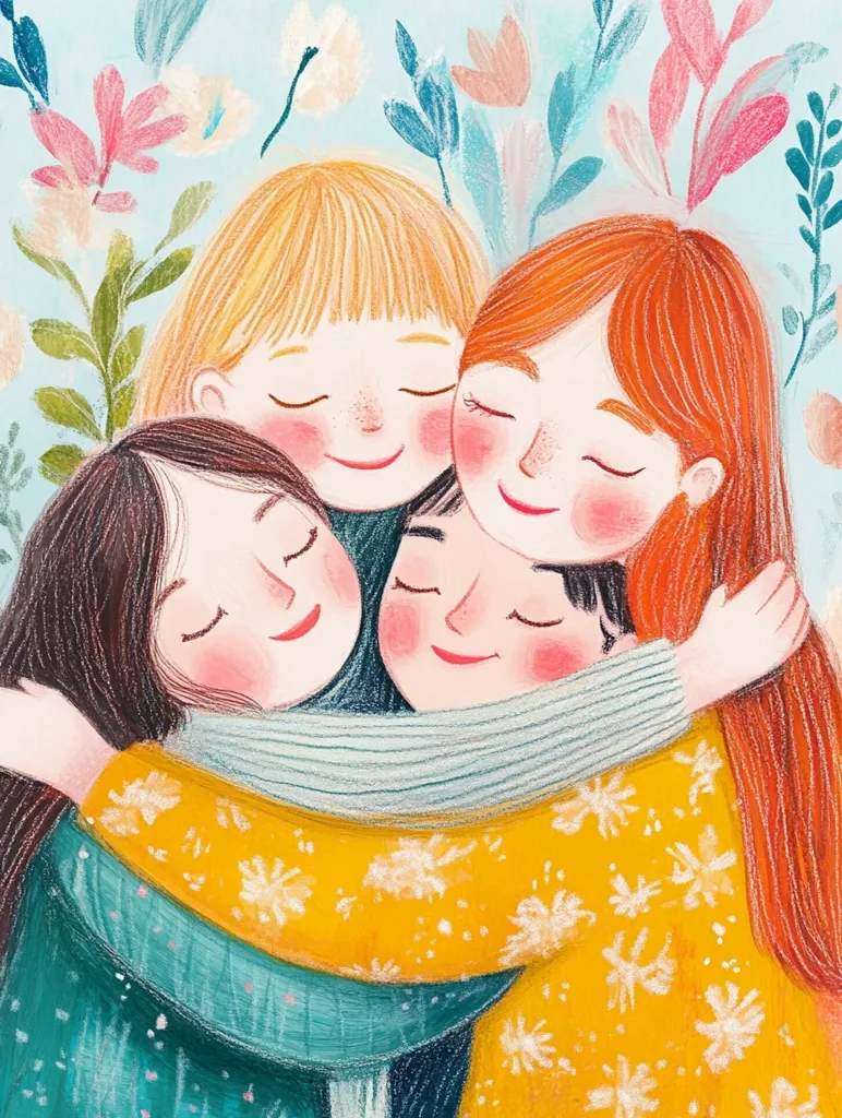 The illustration depicts four young girls, each with distinct hair colors, embracing each other with closed eyes. They are surrounded by delicate pastel flowers, creating a soft and loving atmosphere. The girls' expressions suggest a deep connection and sense of comfort. Their joyful embrace symbolizes the strength and beauty of friendship.