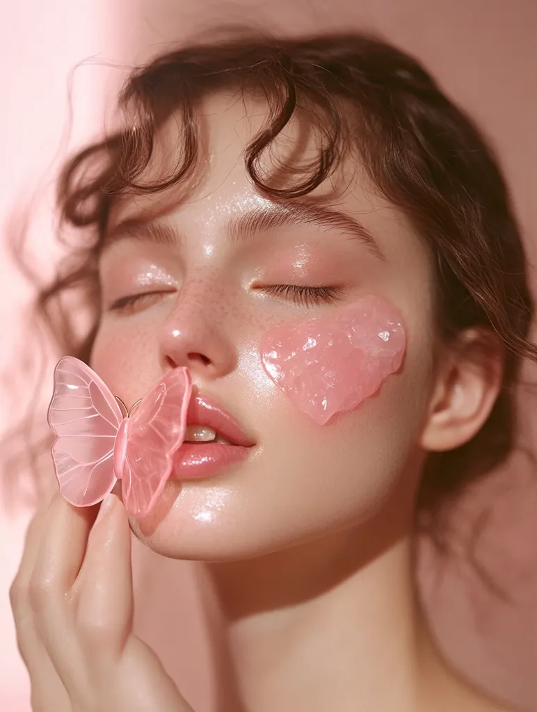 Clean faced woman, holding butterfly shaped rose quartz gua sha, rubbing her chin, glossy face, morning light, pink, studio background, Close-up, realistic, Glossy, Studio flash, ultra-HD, --ar 3:4