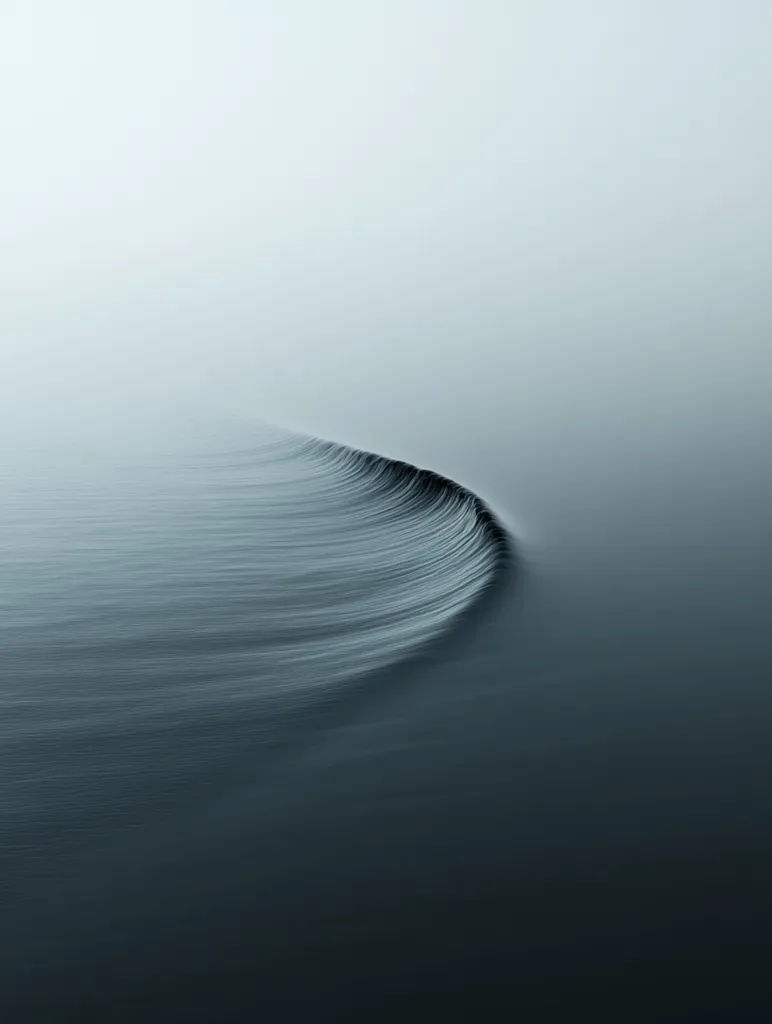 A single wave curls in a smooth arc across a body of still, dark water. The water is flat, with barely a ripple, except for the graceful form of the wave. The sky above is a hazy, muted gray, creating a sense of calm and tranquility. The image is a minimalist study of form and movement.