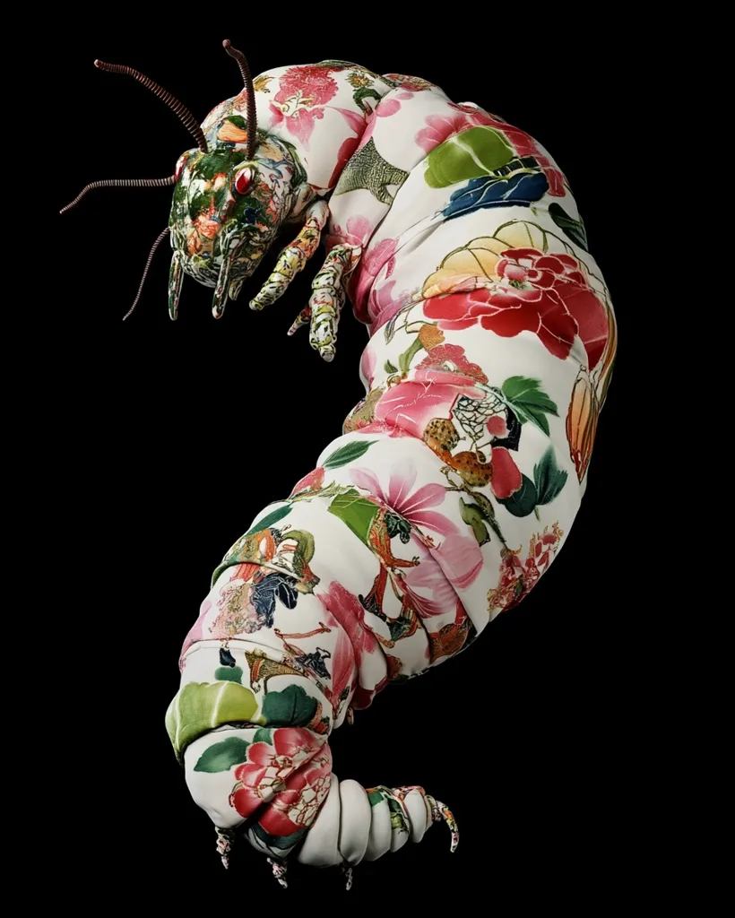 The image shows a large, segmented, ceramic worm-like creature with a floral pattern. Its head is adorned with intricate details, including large, red eyes, and antennae. The creature's body is covered in vibrant, pink, green, and white flowers, creating a striking contrast against the black background. The image captures the surreal and unexpected beauty of a seemingly fantastical being.