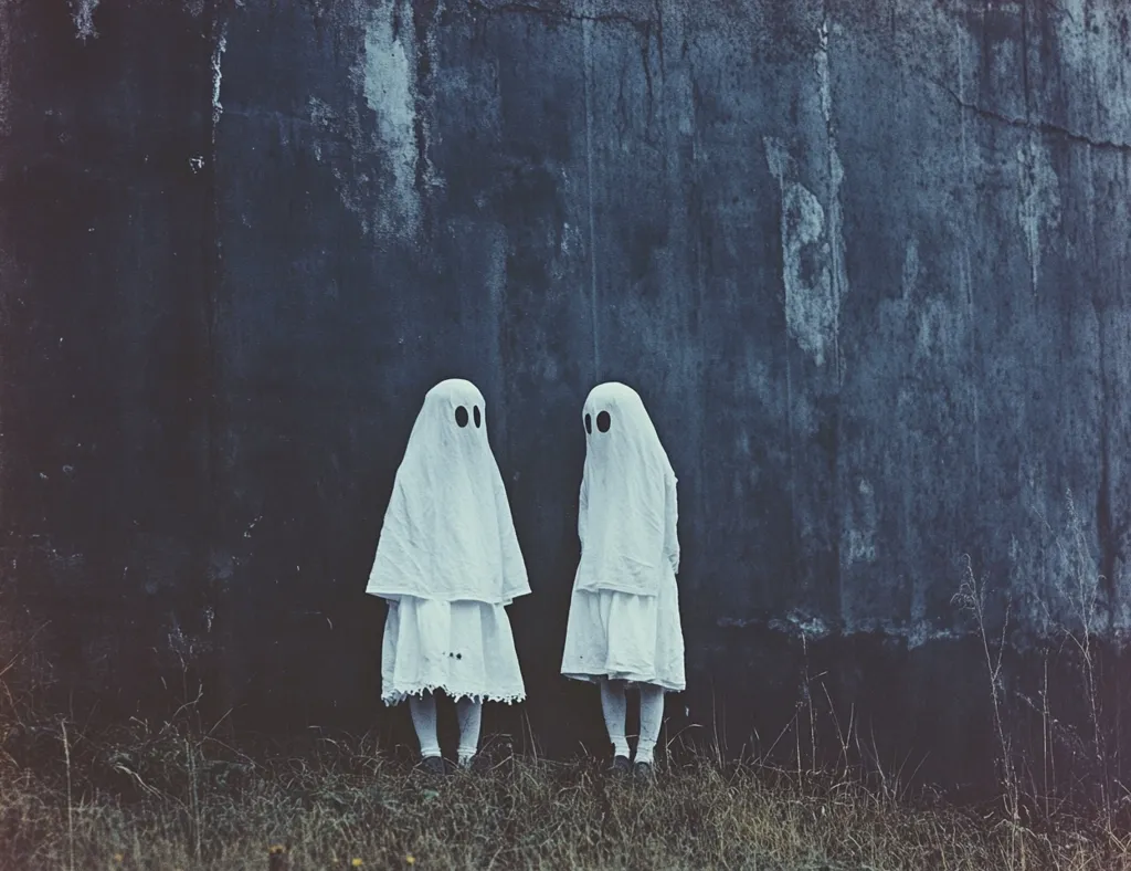 Two figures dressed in white ghost costumes stand in front of a weathered gray wall. They have black eyes painted on their white masks. The scene is dimly lit, creating a spooky and eerie atmosphere.  The figures are silhouetted against the wall.  A small amount of grass is in the foreground.